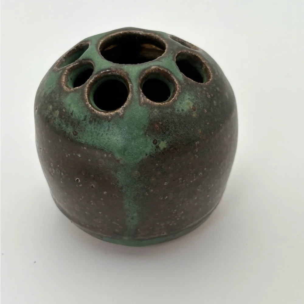 Vintage Signed Handcrafted Pottery Green and Brown Glaze Flower Frog/Vase